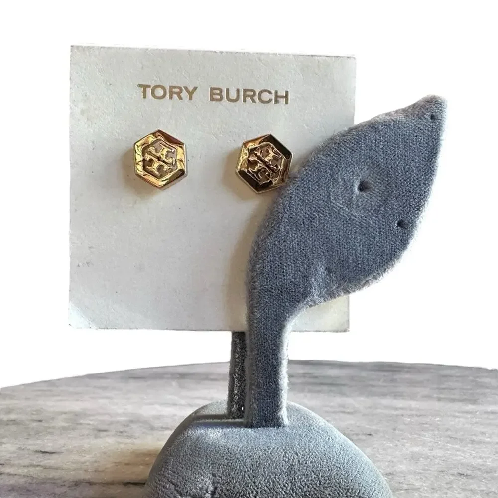 Tory Burch - Gold Hex-Logo Stud Earrings, NWT - Picture 1 of 8